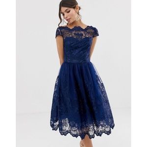 Chi Chi London Blue Lace Cocktail Midi Dress Size L